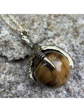 Tigers Eye Orb Gold Tone Claw Ball Necklace Talisman Adjustable Boho Festival